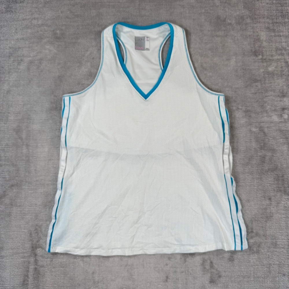 Lucky in Love Tank Top Womens XL White Mesh Racerback Tennis Pickleball Gym